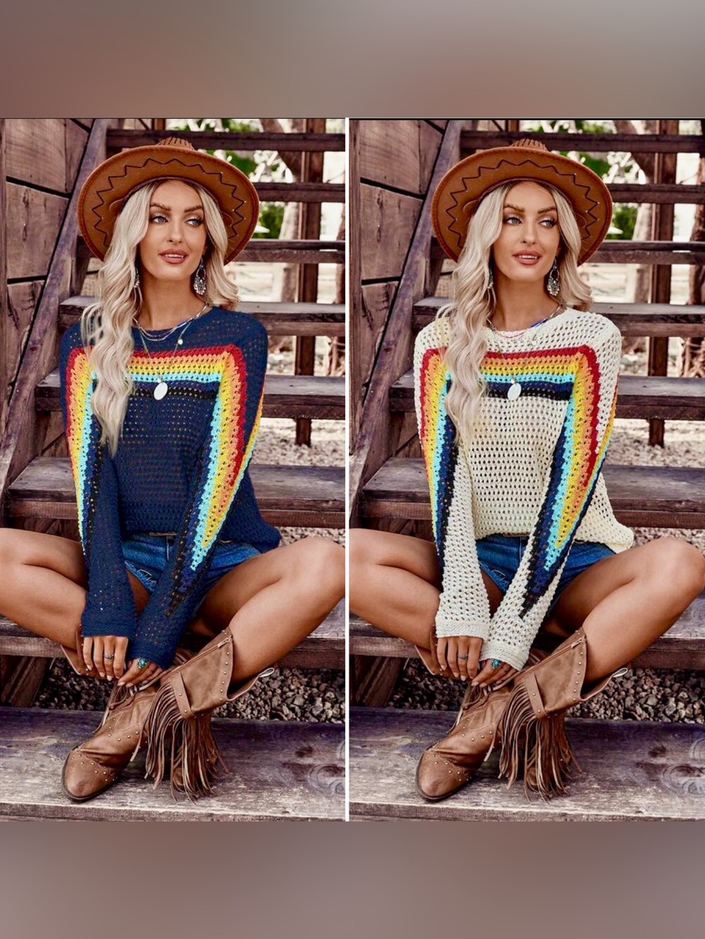 Women’s Navy or White Open-Knit Boho Crochet Long Sleeve Top with Stripes M